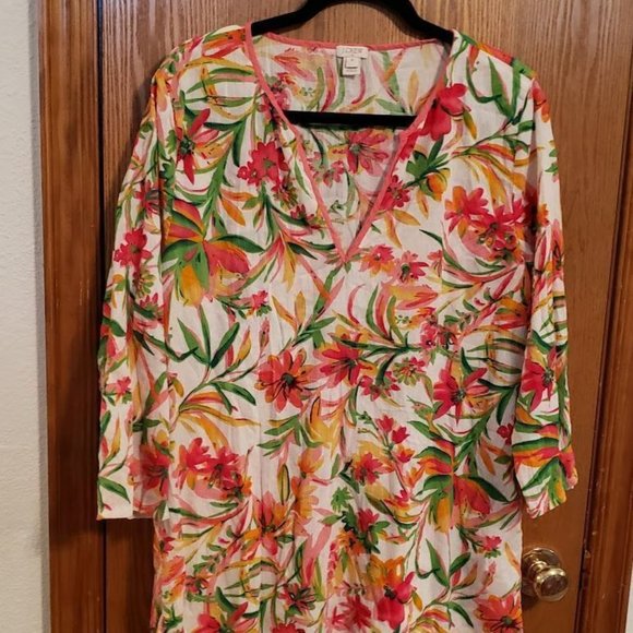 J. Crew Tops - J. Crew XL Tunic Top White Yellow Pink Green Floral Beach Coverup Cott…
